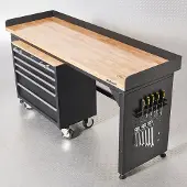 Datona Werkbank mit Arbeitsplatte aus Eiche - 200 cm, schwarz und Werkzeugwagen mit 5 Schubladen