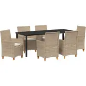vidaXL Möbel 7-teiliges Garten-Ess-Set mit Kissen Beige Poly Rattan - Gartenstühle 3381084
