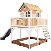 Axi Spielhaus Liam mit Sandkasten & grauer Rutsche | Stelzenhaus XXL in Braun & Weiß aus Holz für Kinder | Spielturm mit Wellenrutsche für den Garten
