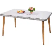 Mendler Poly-Rattan Esstisch MCW-H65, Garten-/Lounge-Tisch, Stahl + Akazie halbrundes Poly-Rattan MVG 150x90cm grau
