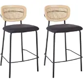 Beliani Set aus 2 Barstühlen Schwarz Polyesterpolsterung Naturrattan Wiener Geflecht Rückenlehne Schwarz Metallbeine Armlose Hocker