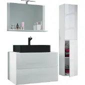 VCM 4-tlg. Waschplatz Waschtisch | schwarzes Waschbecken Unterschrank Breite 60 cm | Badmöbel Set mit Schubladen Drehtüren Spiegel | Lendas S BL