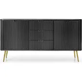 Bettso Breite Kommode geriffelte Fronten auf goldenen Beinen ZOVA 168 cm Schwarz