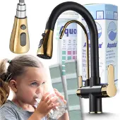 ARI 3-Wege Küchenarmatur NORDIC mit Wasserfilter-Anschluss, herausziehbare Brause, 360° schwenkbar, getrennte Wasserwege, Keramikkartusche Shwarz-Gold