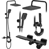 REA Duschgarnitur Helix Schwarz mit Regenbrause und festem Wannenauslauf, 114,5 cm Aufputz
