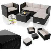 Juskys Polyrattan Lounge Punta Cana L schwarz – Gartenlounge Set für 4-5 Personen – Sitzgruppe mit Sessel, Sofa, Tisch & Hocker - Sitzbezüge Creme