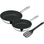 WMF Devil Pfannenset 3-teilig, Bratpfanne Induktion 24, 28 cm, mit Pfannenwender, Cromargan Edelstahl beschichtet, Keramikbeschichtung, backofenfest