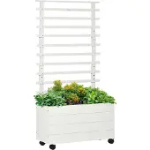 JTI Pflanzkasten mit Rankgitter Blumenkasten mit Rollen Hochbeet für Kletterpflanzen Naturholz Weiß 76 x 30 x 155 cm für Garten