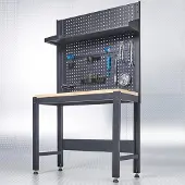 Datona PREMIUM Werkbank 119 cm, Eichen-Arbeitsplatte doppelt lackiert & schallreduzierend, höhenverstellbar, inkl. Lochwand