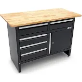 HBM Werkbank 120 cm mit 5 Schubladen und Tür, massive Holzarbeitsplatte, schwarz