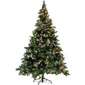 Beliani Weihnachtsbaum 210 cm Grün Kunststoff Metall mit Schnee bestreut inkl. LED Beleuchtung Metallständer mit Zapfen geschmückt Weihnachten