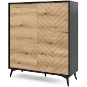 Bettso Hohe Kommode DIAMOND – Gefräte Jodeh-Muster – PUSH TO OPEN – Eiche Evoke + Schwarz Matt – 2 Türen – 5 Schwarze Metallbeine 104x105x39 cm