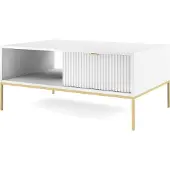 Bettso Couchtisch Kaffetisch mit Ablage und Geriffelt Schubladen Goldgriff NOVA Weiß auf Goldbeinen