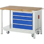RAU Mobile absenkbare Werkbank, Ablageboden, 4 XL Schubladen - Teilauszug - 120:2 / 150:2 - 880 x 1.250 x 700 mm (HxBxT) - Traglast 1.250 kg - Buche