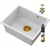 Granitan - Granitspüle - Spülbecken 46x37,5 cm - Küchenspüle Weiß - mit Siphon Gold - MANADO