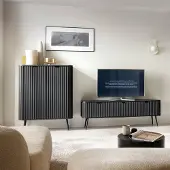 Lomadox Wohnzimmer Set schwarz gerillt, Highboard und Lowboard, Füße schwarz, ZARA-160
