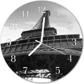 Tulup Glasuhr Wanduhr Küchenuhr Echt-Glas 30fi cm Eiffelturm Paris schwarz-weiß