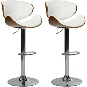 Beliani Barhocker Weiß und Silber Kunstleder Höhenverstellbar Drehbar mit Hoher Rückenlehne Holzoptik Metallgestell Fußstütze Retro Kücheninsel