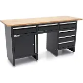 HBM Werkbank 171 cm mit 6 Schubladen und Tür, massive Holzarbeitsplatte, schwarz