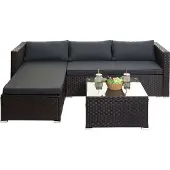 Mendler Poly-Rattan Garnitur MCW-F57, Balkon-/Garten-/Lounge-Set Sofa Sitzgruppe braun, Kissen dunkelgrau ohne Deko-Kissen