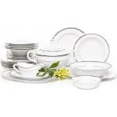 Konsimo Abendessenservice für 6 Personen (25 Artikel) "GEOS PLATIN", Weiß, Porzellan, Classic, 27,5 cm / 24 cm / 20,5 cm / 31 cm / 23 cm / 16,5 cm / 36 cm / 26 cm / 3 l / 400