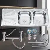 Melko Einbauspüle Edelstahl 120x50 cm rechts Rundbecken, links Ablage & Siphon