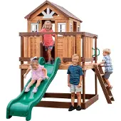 Backyard Discovery Spielhaus Echo Heights mit grüner Rutsche, Sandkasten & Veranda | Stelzenhaus in Braun aus Holz für Kinder | Spielturm für den Garten
