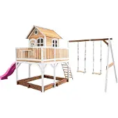 Axi Spielhaus Liam mit Sandkasten, Doppelschaukel & lila Rutsche | Stelzenhaus XXL in Braun & Weiß aus Holz für Kinder | Spielturm mit