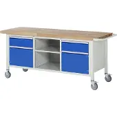 RAU Mobile Werkbank mit Ablageboden - 2 Schränke - 2 Schubladen - Teilauszug - 180:2 - 880 x 2.000 x 700 mm (HxBxT) - Traglast 450 kg - Buche