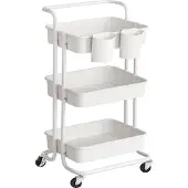Songmics Rollwagen, 3 Ebenen, Servierwagen, 2 Bremsen, Ablagefächer aus Kunststoff, weiß