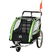 Dopwii 2-in-1 Fahrradanhänger für 2 Kinder, Schiebefunktion, Regenschutz, Bremse, Grün