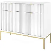 Bettso Geriffelt Kommode 2 Türen und 2 Schubladen Goldgriffe Glamour NOVA Weiß auf Goldbeinen