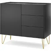 Bettso Kommode Harmony Graphit Schwarz mit goldenen Metallbeinen und Marmoroptik – 97x83x37 cm