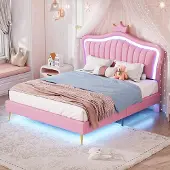 Sweiko Kinderbett Polsterbett 140x200cm Rosas Kronen-Doppelbettgestell aus Kunstleder mit LED-Leuchten