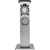 Grafner Gartensteckdose Edelstahl mit Zeitschaltuhr 2 Steckdosen, silber, klein und schmal, Energiesäule Timer Mehrfach Metall Außen Steckdose 2-Fach