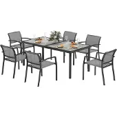 Slyrun 7-teiliges Gartentisch-Set mit 6 stapelbaren Stühlen, Stahlrahmen, Grau, pflegeleicht