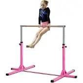 HOMCOM Gymnastik-Turnreck, 13-stufig höhenverstellbar Reckstange, Reck Turnstange aus Holz & stabile Stahlkonstruktion bis 75 kg belastbar, für 3+ Kinder, Indoor, Outdoor, Rosa