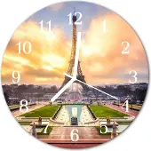 Tulup Glasuhr Wanduhr Küchenuhr Echt-Glas 30fi cm Eiffelturm mehrfarbig