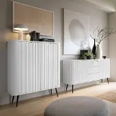 Lomadox Wohnzimmer Set weiß gerillt, Highboard und Sideboard, Füße schwarz, ZARA-160