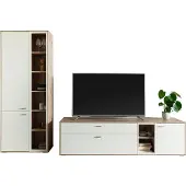 Lomadox Wohnwand in Eiche und weiß modern mit LED-Beleuchtung, 2-teilig - SAGUNTO-05