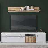 Lomadox TV Lowboard 200cm und Wandboard weiß matt Eiche gerillt HUNTER-61