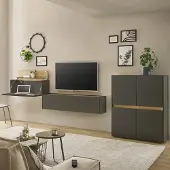 Lomadox Wohnwand anthrazit mit Eiche CRISP-61 modern 3-teilig mit Homeoffice-Lösung