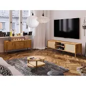 Lomadox Wohnzimmer Set in Eiche massiv geölt PORI-165 3-teilig mit Rattangeflecht