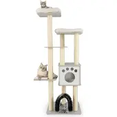 Goplus 6-stufiger Kratzbaum aus Holz, Katzenbaum mit gemütlicher Matten, Sisalstämmen & Katzenhaus, Grau