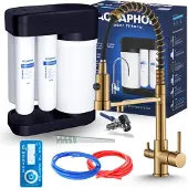 ARI Wasserfilter Set Morion mit 3-Wege Küchenarmatur, Umkehrosmose, Wasserfilter-Anschluss, ausziehbare Brause, 360° schwenkbar, Gold