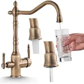 ARI 3-Wege Küchenarmatur Retro mit Wasserfilter-Anschluss, Feststehender Auslauf, 360° schwenkbar, Einzelauslauf, Keramikkartusche Gold