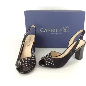 Caprice Sling Sandale schwarz mit Nieten, 7,5 cm Absatz 6,5