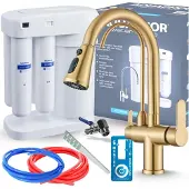 ARI Wasserfilter Set Morion mit 3-Wege Küchenarmatur Nordic, Umkehrosmose, ausziehbare Brause, 360° schwenkbar, Gold