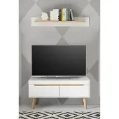 Lomadox Wohnzimmer TV-Lowboard und Wandboard in Weiß Matt mit Eiche STOCKTON-61, 2-teilig