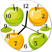 Tulup Glasuhr Wanduhr Küchenuhr Echt-Glas 30fi cm Äpfel orange grün